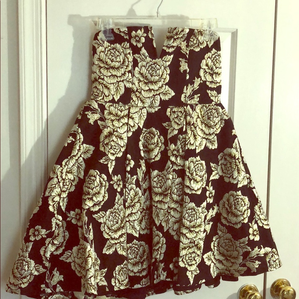 Black strapless dress with gold flowers